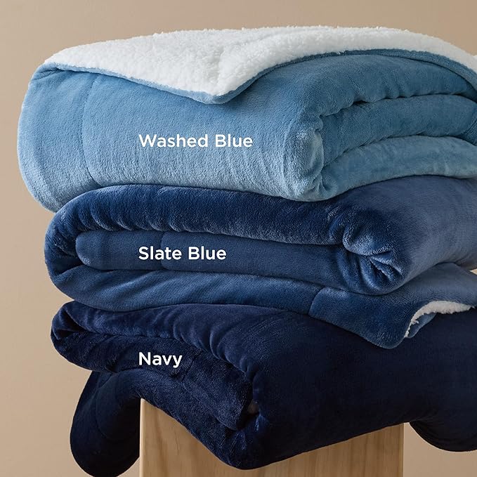 Bedsure GentleSoft Sherpa Fleece Throw Blanket Twin Size for Couch - Thick and Warm Throw for Men, Soft Fuzzy Plush Twin Blanket for Winter, Washed Blue, 60x80 Inches