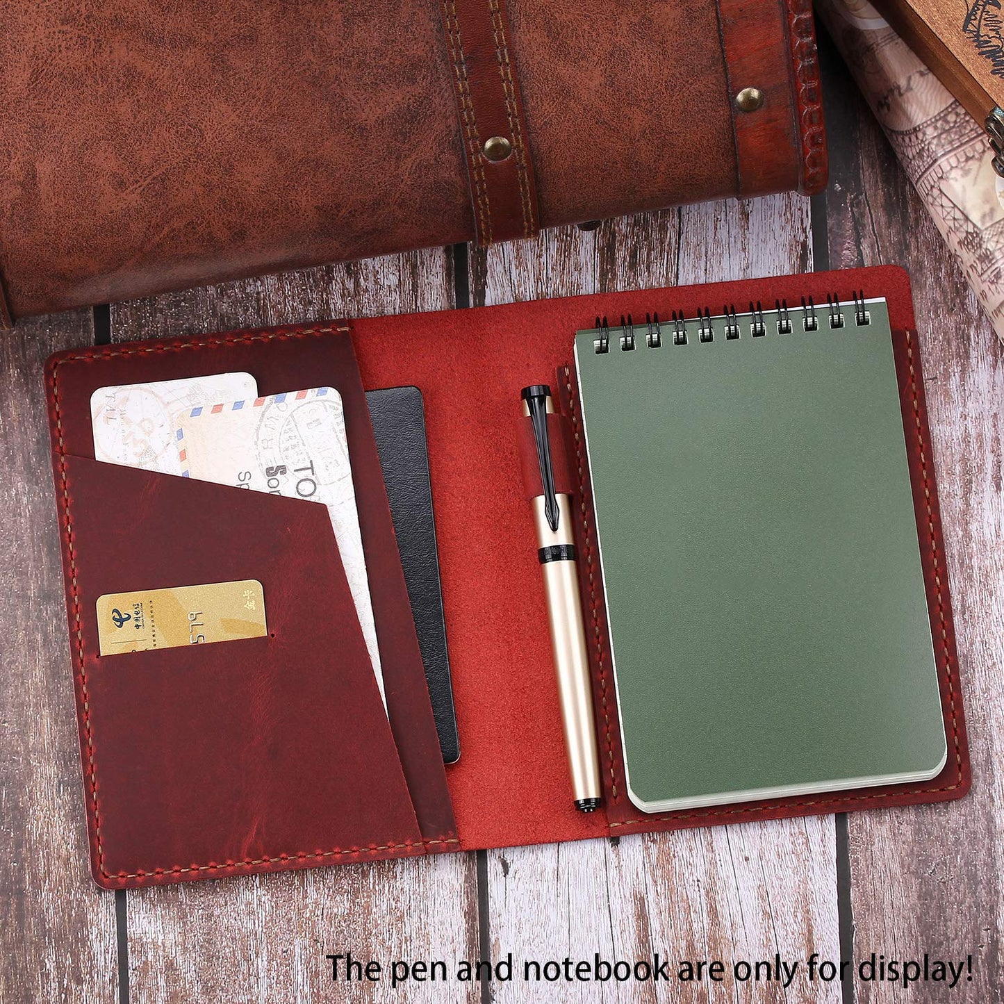Fasjosma Leather Cover Compatible with Rite in the Rain & Rocketbook Mini Notebooks, Top Bound Spiral Notebook Cover, Leather Cover for 4'' x 6'' Pocket Notepad With Pen Holder - WINE