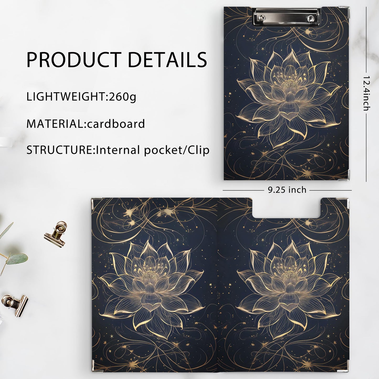 KU-DaYi Lotus Floral Clipboard Padfolio with Storage Pocket, Meditation Spiritual Lotus Flower Low Profile Clip Boards for Nurse Office Classroom, 12.4 x 9.25 in