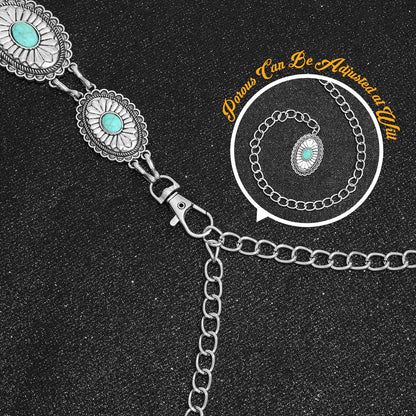 SANSTHS Western Metal Concho Belt for Women, Waist Chain Cowgirl Belt for Dresses Pants Jeans with Silver Chain, green gem S