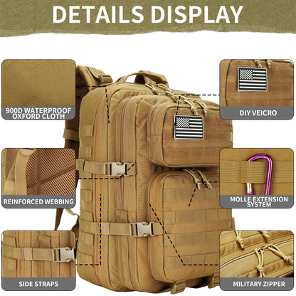 HongXingHai 45L Military Tactical Backpacks 3 Days Assault Pack Bag Fitness Rucksack 3 Day Bug Out Bag Hiking Treeking Molle Daypack (Khaki)
