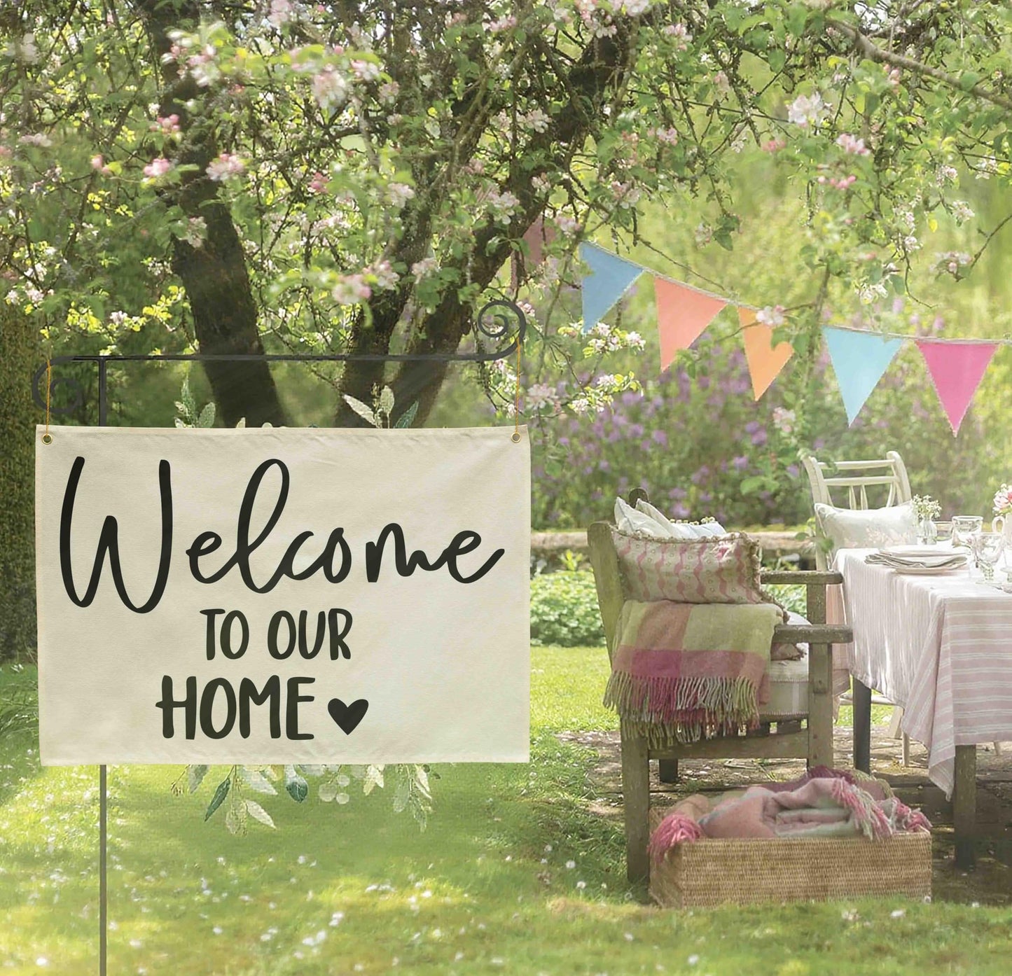 Welcome Party Wall Decor-Home Party Sign Decor-Rectangular Canvas Banner-Entryway Outdoor Garden Front Door Flag-Retirement Housewarming Wedding Birthday Christmas Gift-Welcome to Our Home