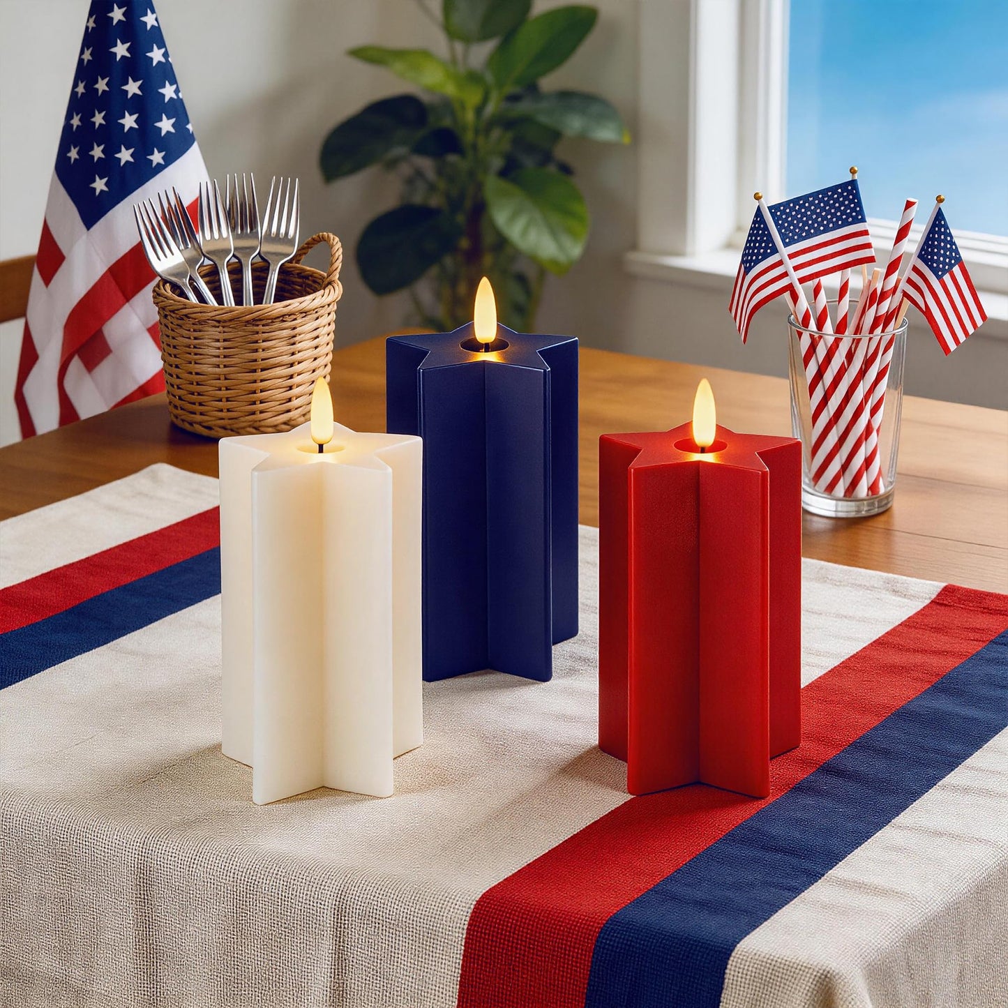 Velsyn Americana Set of 3 Red, White & Blue Star-Shaped Flameless Candle Pillars - Real Wax 3D Flame LED Candle