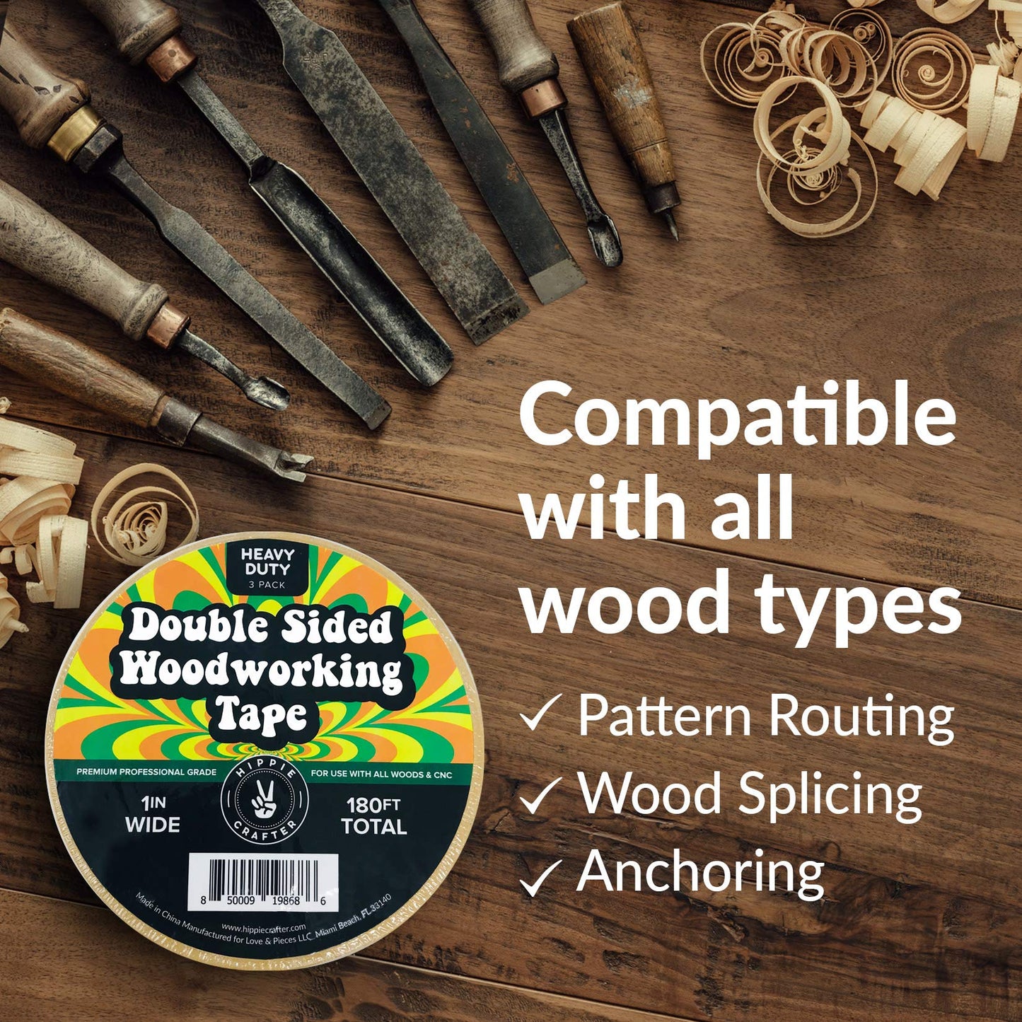 HIPPIE CRAFTER 3 Pack Double Sided Tape for Woodworking, 1 Inch Wide Heavy Duty Woodworking Tape for CNC Machines and Routing Templates, 60 Feet Each,180ft Total