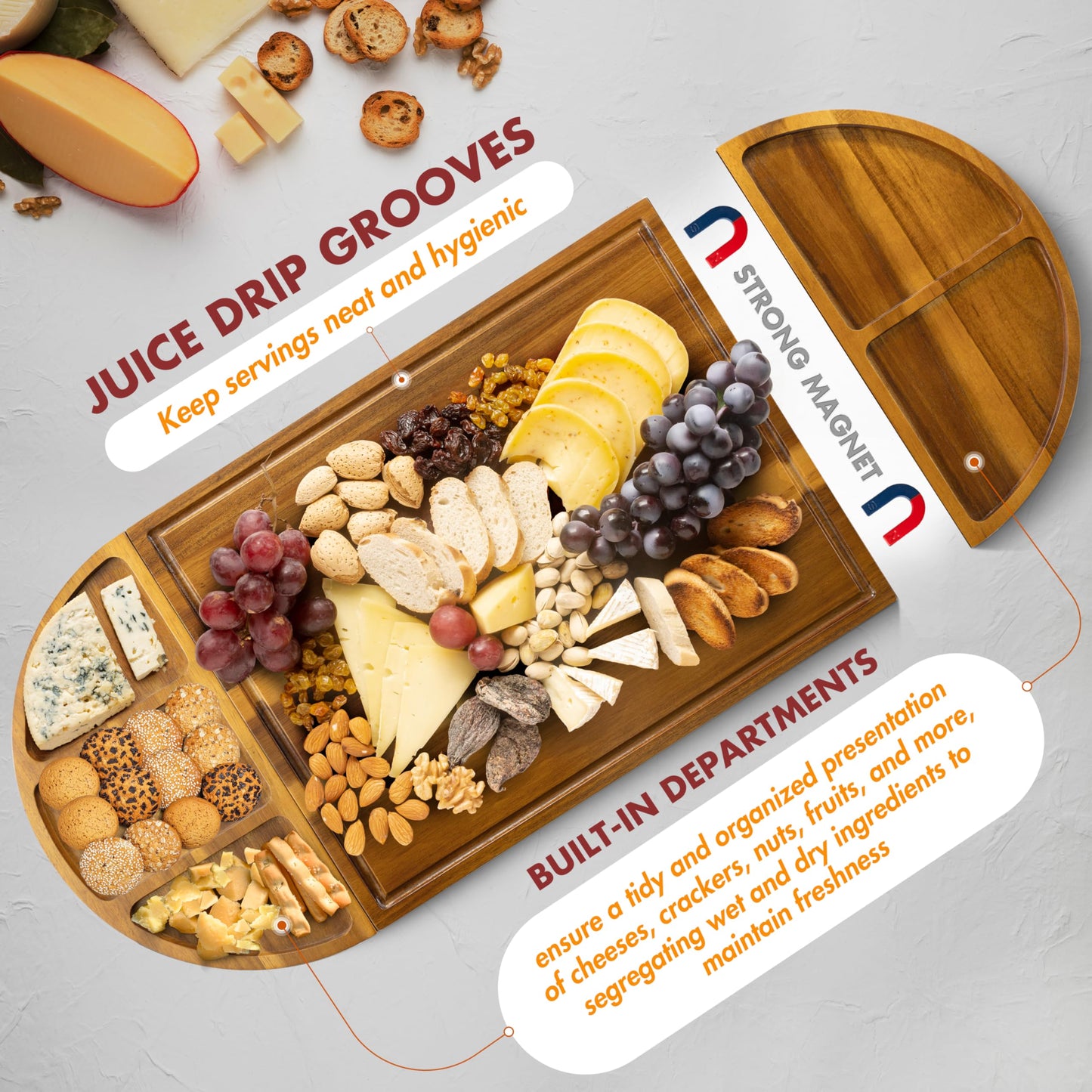 NAGAWOOD Extra Large Charcuterie Boards, 30'' x 13'' Acacia Cheese Board 3 Part Magnetic Long & Round Boards with Knive Set, Wine Opener & Cheese Marker, Unique Serving Tray for Birthday, Wedding Gift