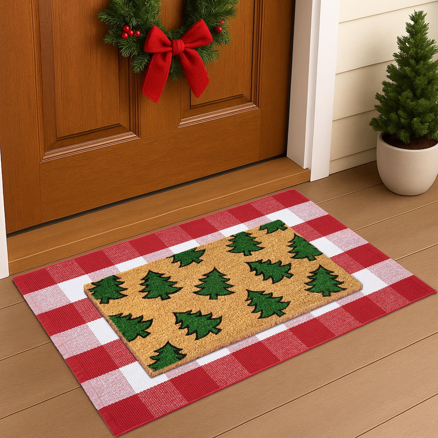 Christmas Door Mat Set 2-Piece, 17"x30" Coir Welcome Mat with Green Tree Pattern and 28"x43" Red White Plaid Rug, Layered Front Porch Combo for Holiday Entryway Outdoor Decor