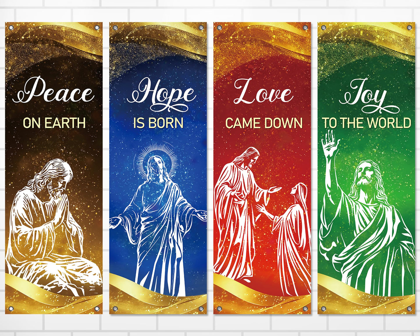 4Pcs Christmas Church Banners for Sanctuary Wall Love Hope Joy Peace Religious Banners Hanging Backdrop Gold Glitter Jesus Christian Banner with Scripture Bible Verse Banner for Holiday School Decor