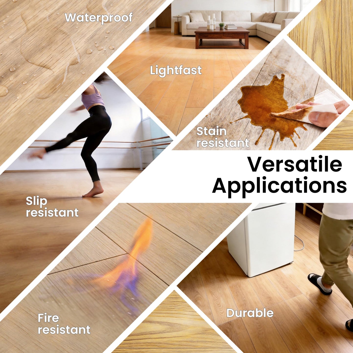 Soundbox Noise Reducing Floor Mats 10PCS, Quiet Wood Grain Vinyl Floor Tiles 48x7.3 Inch, Waterproof Anti-Slip Floor Covering,Easy Lay Installation for Bedroom, Living Room
