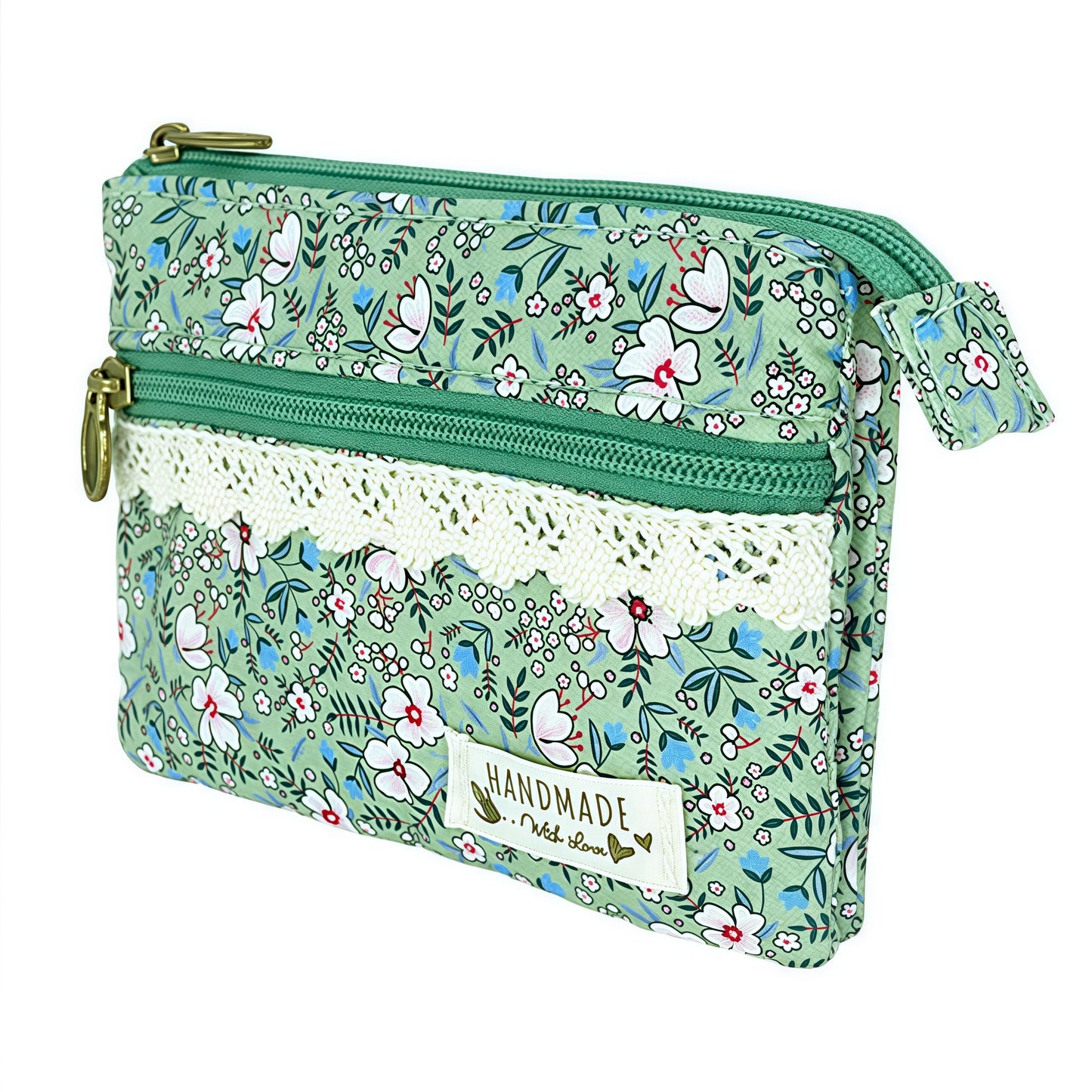 GUXL Women Small Zipper Coin Purse, Handmade Fabric Flower Embroidered Change Pouch, Cotton Double Zipper Wallet