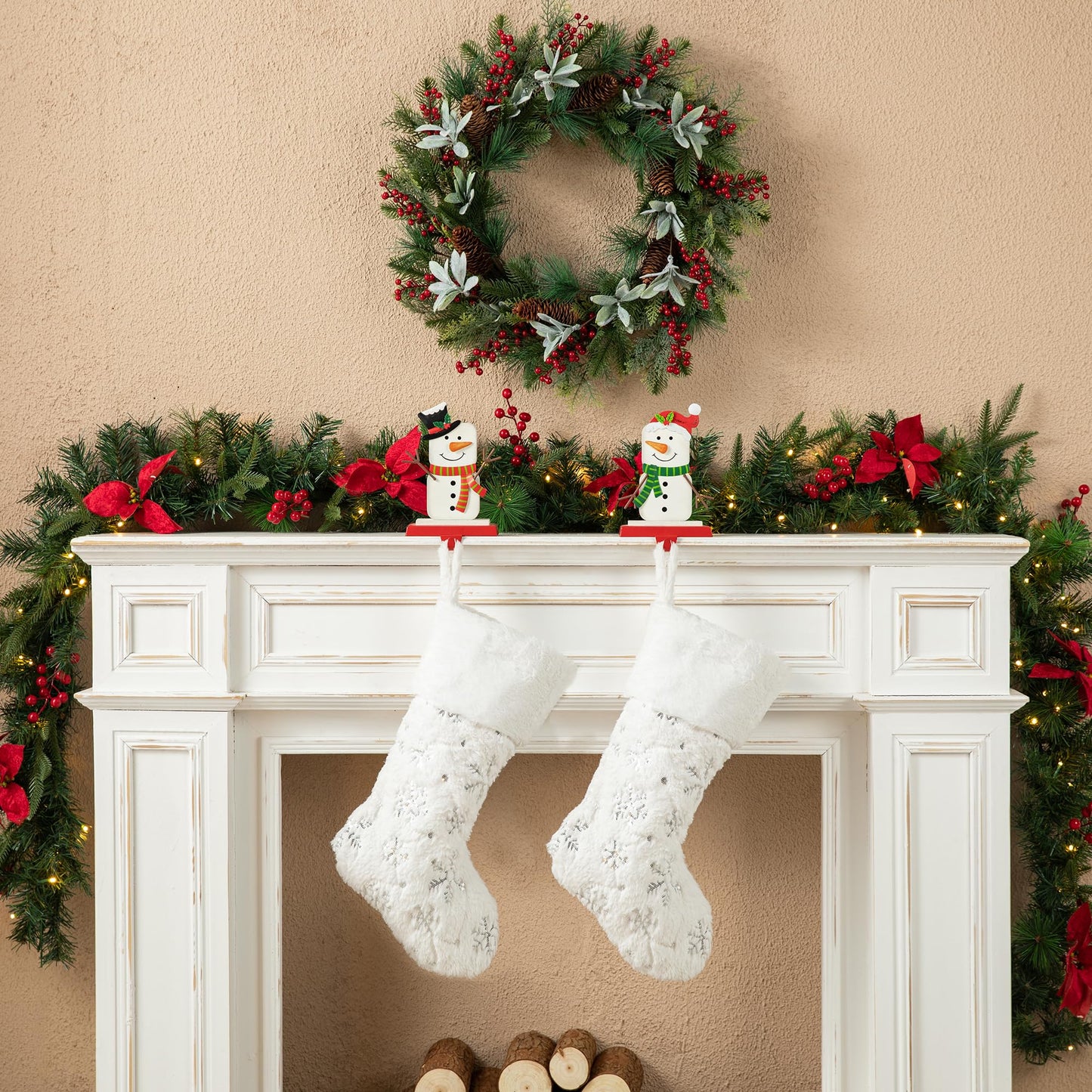 Glitzhome Christmas Stocking Holders for Mantel, Set of 2 Snowman S'Mores Marshmallow Metal Hooks, Heavy Duty Fireplace Hangers for Indoor Holiday Decor