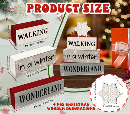 4 Pcs Snowflake Christmas Decor, Snowflakes Table Decorations, Christmas Tiered Tray Desk Decor Gifts, Winter Wonderland Wooden Xmas Stack Block Signs Table Centerpiece for Farmhouse Office -B13