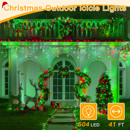 Ollny Icicle Lights for Outside 504LED 41FT, Red and Green Christmas Light with Remote 8Modes Timers Waterproof, Plug in Connectable Hanging Lights for Outdoor Indoor House Roof Holiday