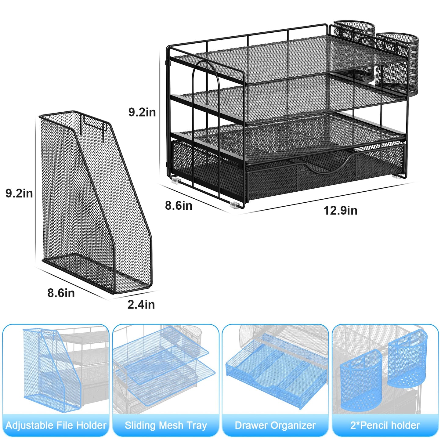 gianotter Desk Organizers and Accessories with File Holder, 4-Tier Desk Accessories & Workspace Organizers with Drawer and 2 Pen Holder, Paper Organizer for Office Supplies (Black)