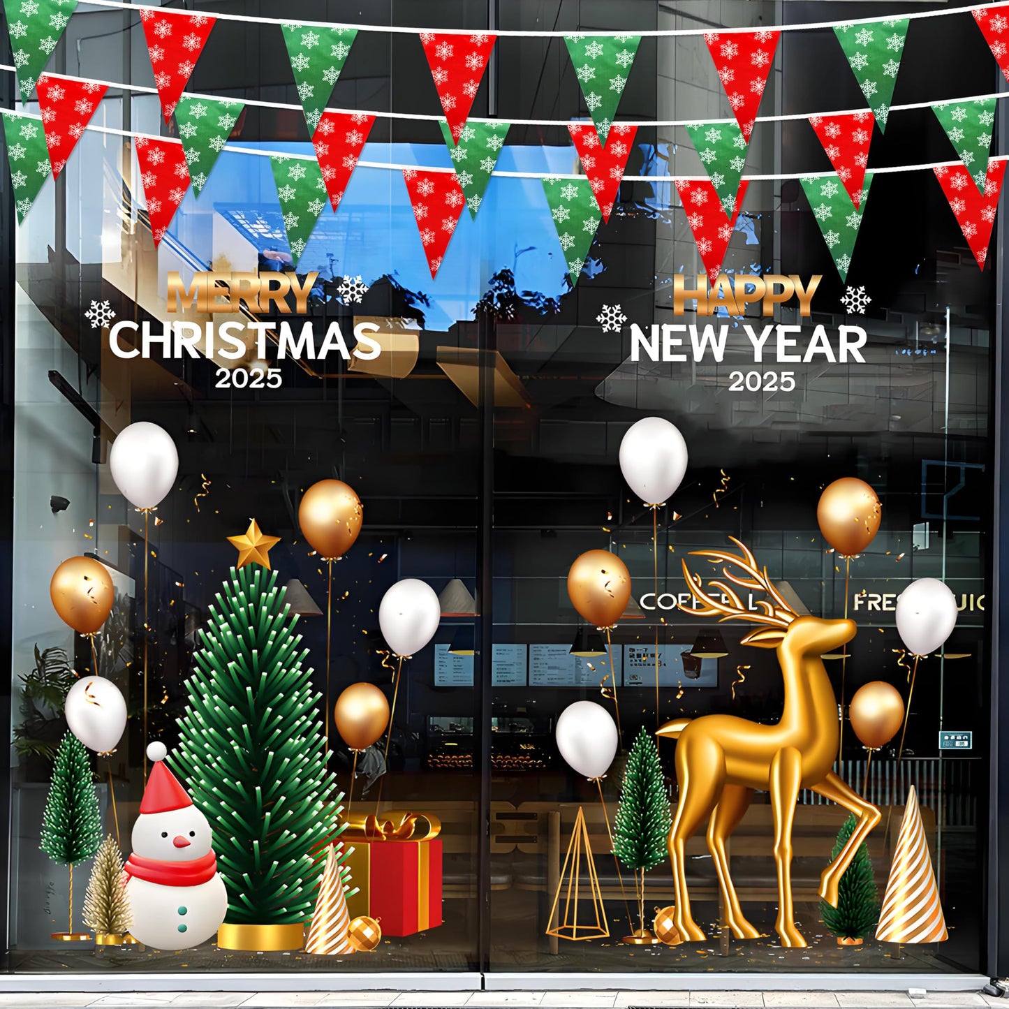 LoveVC 100 Feet Red Green Christmas Pennant Banner Flags String Triangle Bunting Garland with White Snowflakes for Christmas Tree Indoor Outdoor Shops Hanging Decoration,60 Pcs