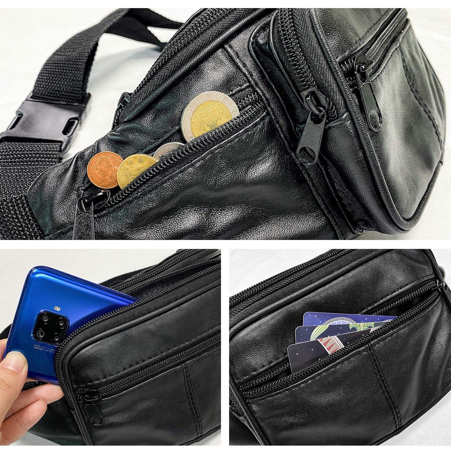 Leather Fanny Pack Travel Waist Bag for Man Women Unisex Hiking Travel Sport Running Cycling with Adjustable Belt Black