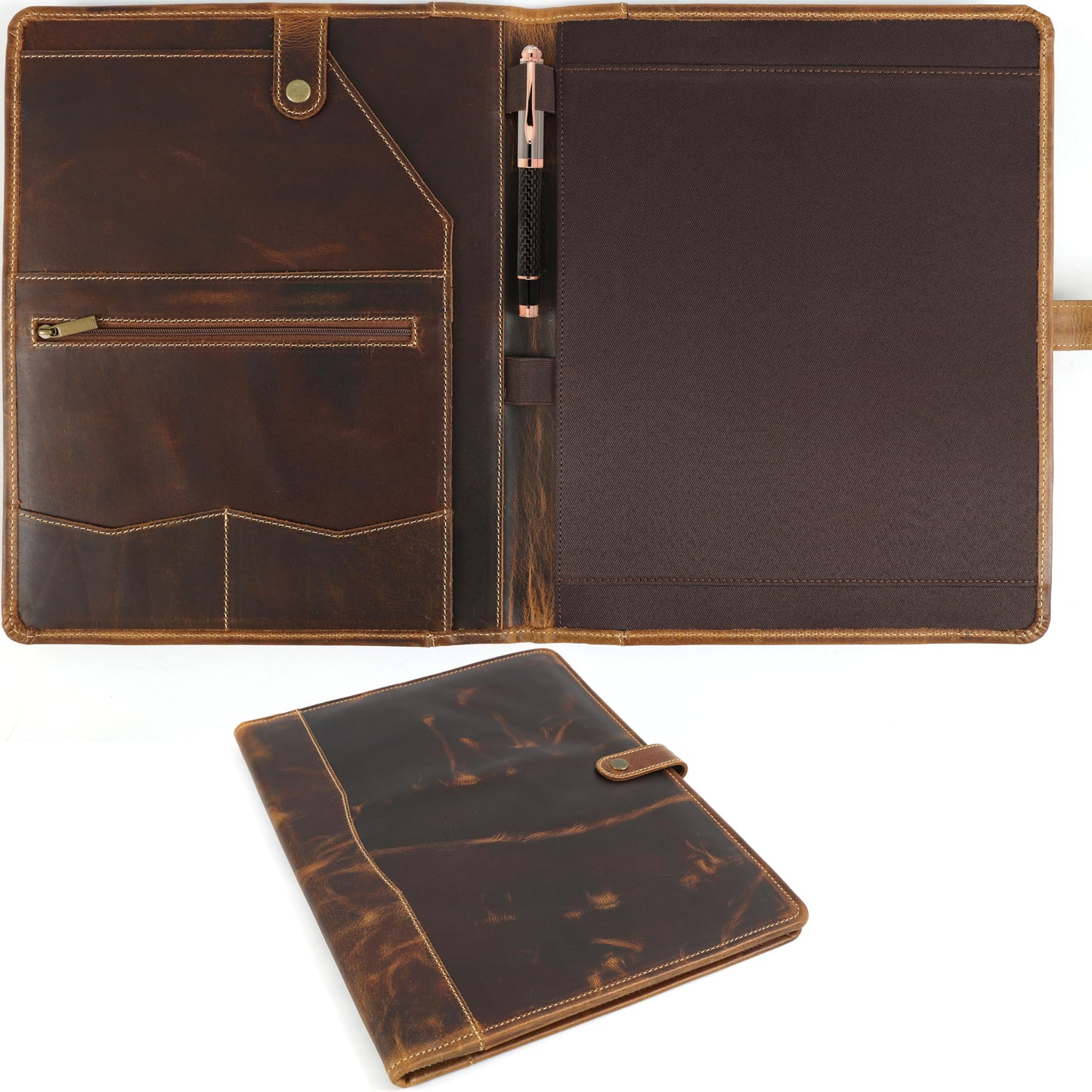 Leather Portfolio, Leather Binder with Pen, Resume Organizer & Padfolio for Men and Women | Business Portfolio with Card Holder & Document Organizer (Antique Brown)
