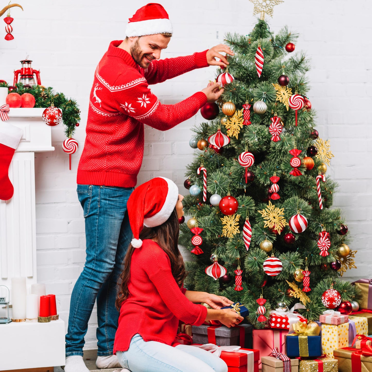 Christmas Ornaments Candy Lollipop Set -48Pcs for Xmas Tree Decoration Hanging Plastic Gloss Candy Canes Ball Pendants for New Year Home Decor Party Supplies (Red)