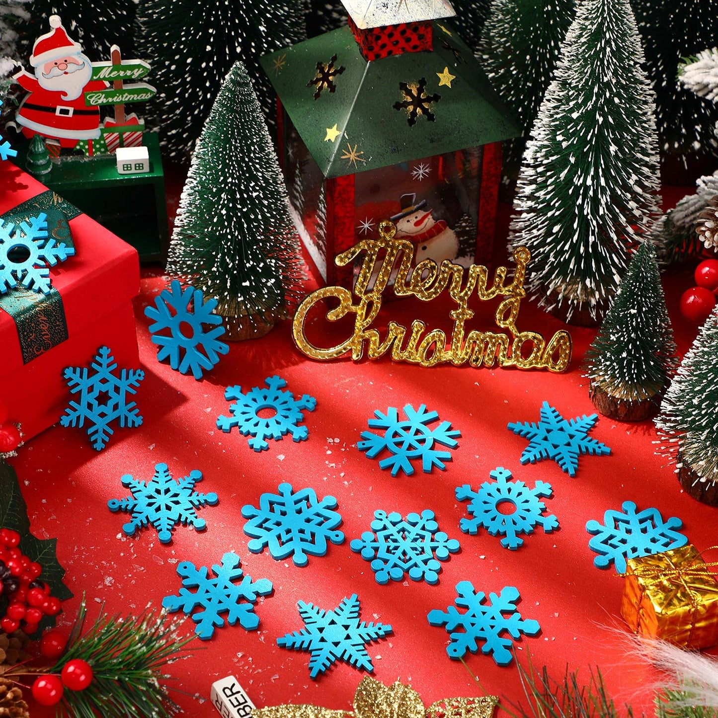 100 Pcs Christmas Unfinished Wooden Snowflake Ornaments Snowflake Hanging Cutouts Blank Wood Slices with Cord Craft Embellishments for Xmas Tree Decorations (Blue,2 Inches)