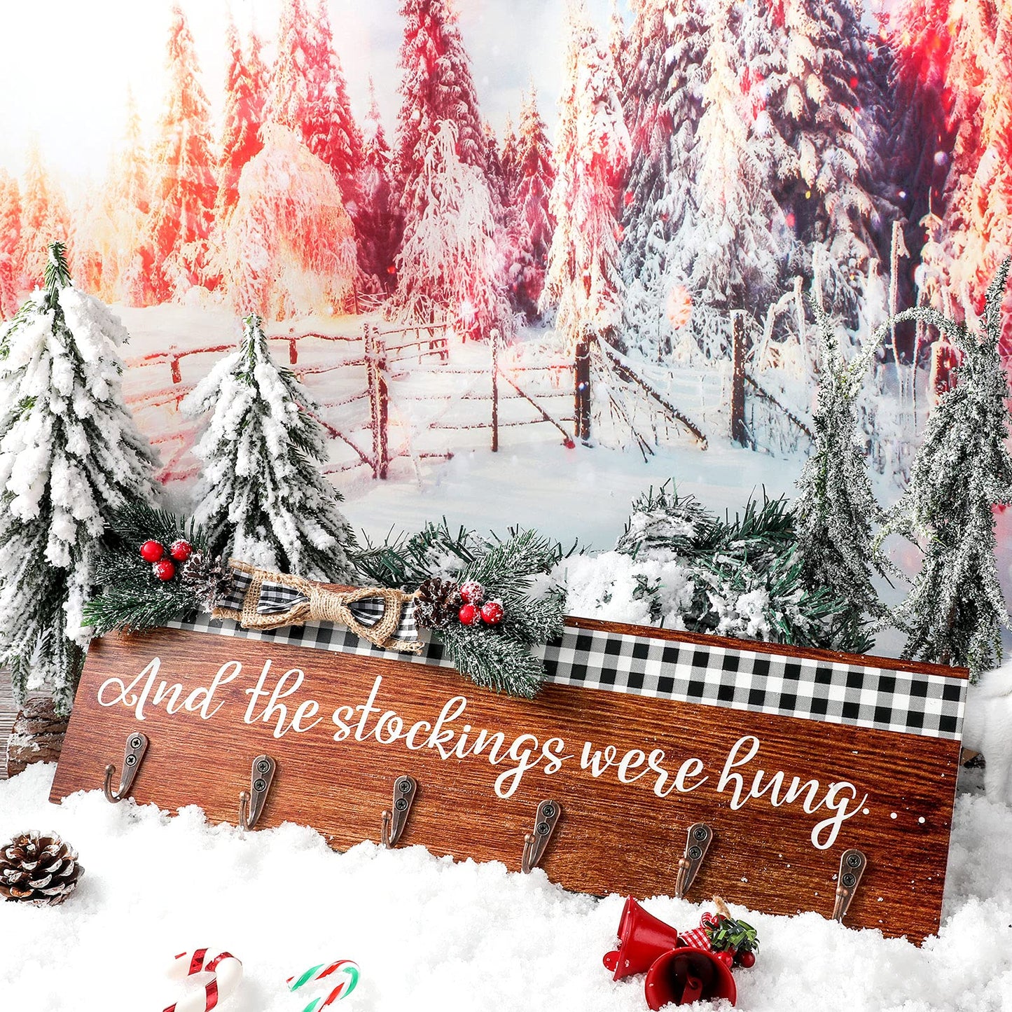 Christmas Stocking Holder with 6 Hangers The Stockings were Hung Wooden Sign Xmas Wall Hanging Sign Wall Mount Hook Holder Decorative Wood Stocking Hanger for Mantle(Retro Style)