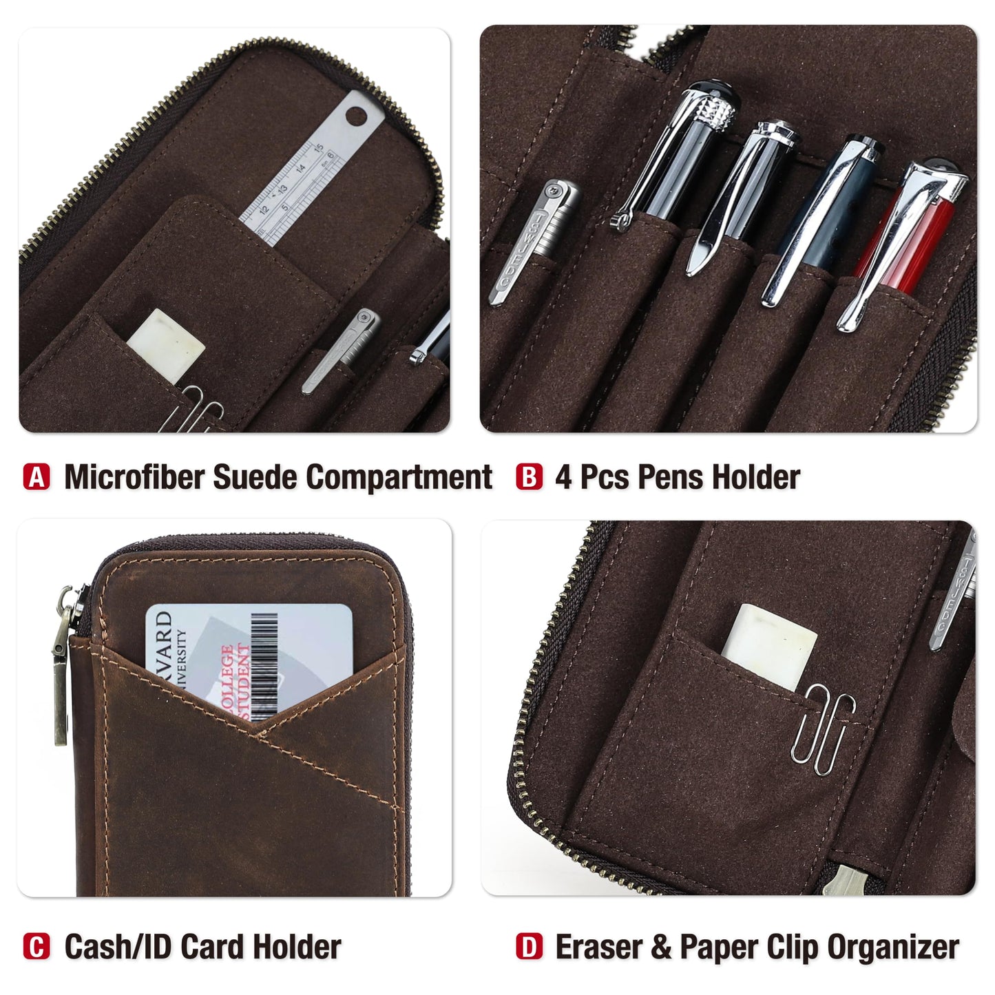 CataPurus Top Grain Genuine Leather 4 Fountain Pen/Pencil Case Pouch, Handmade Minimalist Design, Zipper Closure with Multi-Function & Slots, Gift Choice for Man/Woman/Office, Matte Coffee, 4 Slots