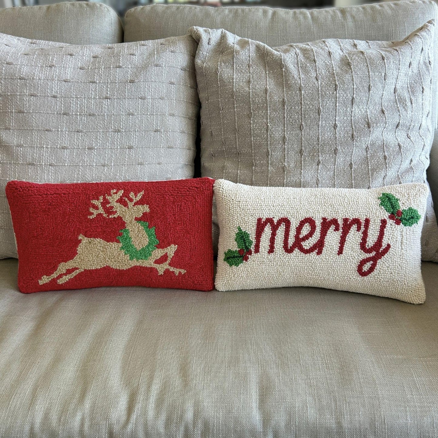Decorvo Hand Hooked Christmas Pillow - 9X16 inches Throw Pillow for Couch or Dorm (Reindeer)