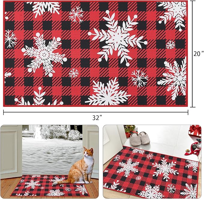 CAROMIO Christmas Doormat 20 x 32 Inch Holiday Xmas Buffalo Plaid Door Mat Winter Christmas Snowflakes Checkered Welcome Mat Outdoor Indoor Non Slip Decorative Entrance Floor Mat for Front Porch