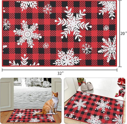 CAROMIO Christmas Doormat 20 x 32 Inch Holiday Xmas Buffalo Plaid Door Mat Winter Christmas Snowflakes Checkered Welcome Mat Outdoor Indoor Non Slip Decorative Entrance Floor Mat for Front Porch