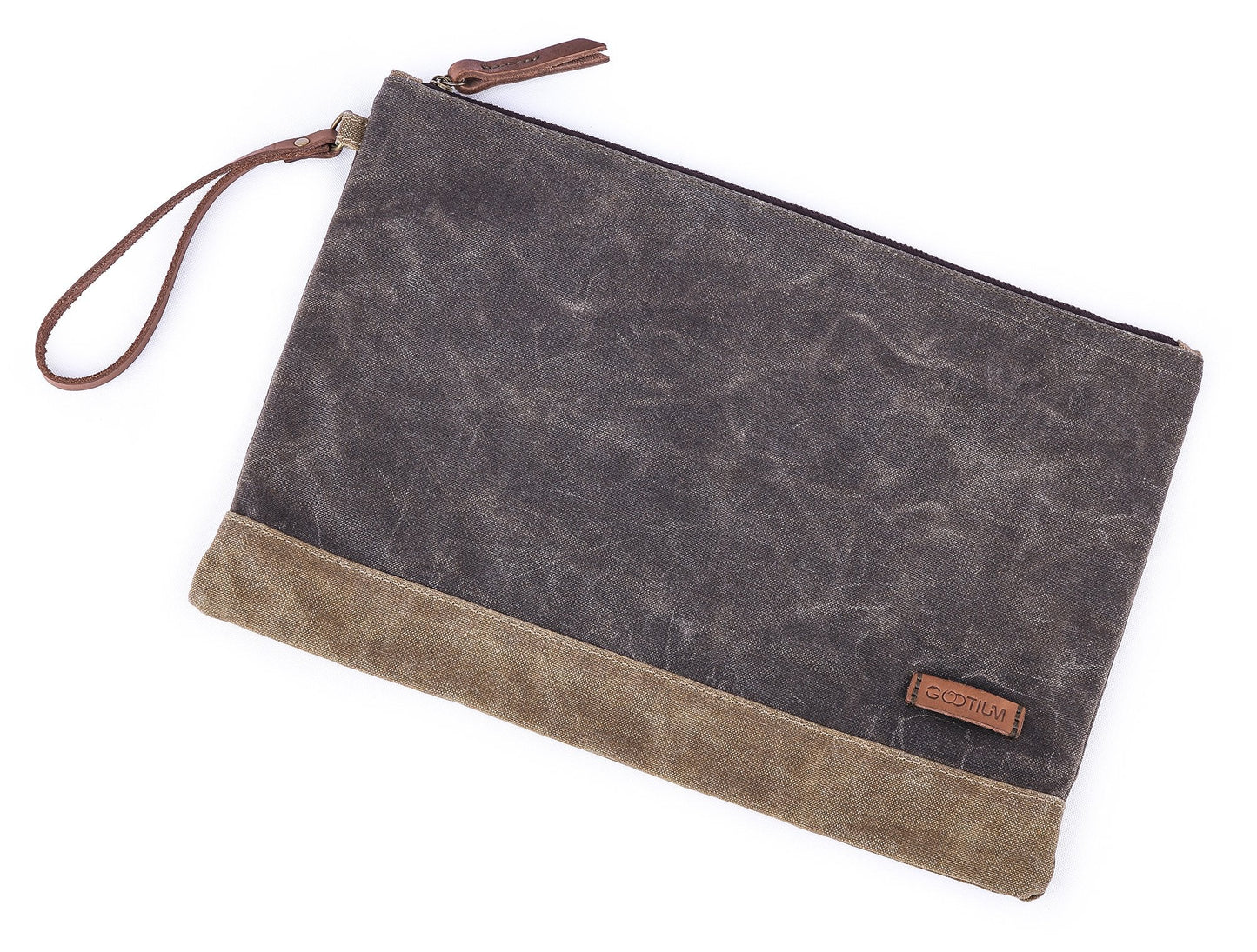 Gootium Waxed Canvas Zip Folio Pencil Pouch - Office Supply Zippered Makeup Bag Multipurpose File Folder - Size 13"x9.4", Olive Drab