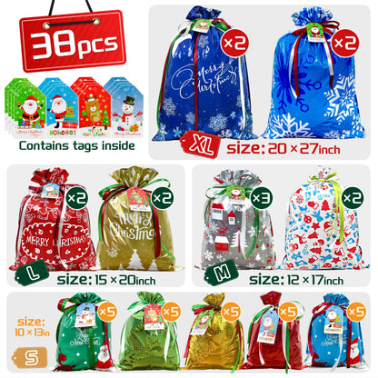38PCS Christmas Drawstring Gift Bags Assorted Size Small Medium Large