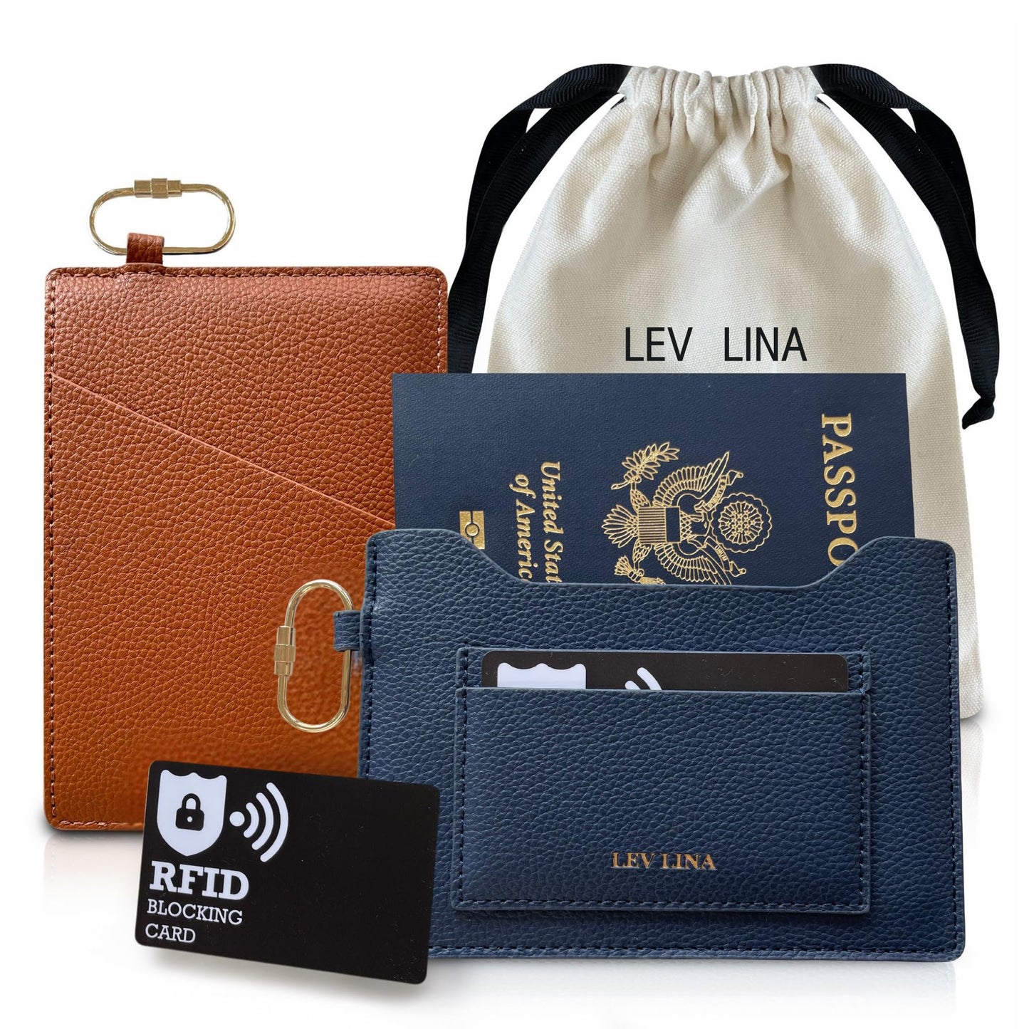 LEV LINA Passport Holder for Travel RFID Blocking Slim Leather Passport Wallet & Passport Book Cover Case with Gold Tone Screw Carabiner and Gift Pouch, Airport Essentials (Brown)