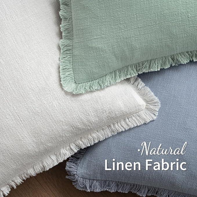 MIULEE Decorative Throw Pillow Covers Neutral Linen Fringe Throw Pillows Set of 2 Light Blue Boho Farmhouse Cushion Covers with Tassels for Couch Sofa Bed Living Room Spring Home Decor 20x20 Inch