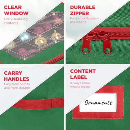 HOLDN’ STORAGE Christmas Ornament Storage Box with Dividers - Fits 48-3” Ornaments, 2 Removable Trays, Durable & Space-Saving, Clear Top Lid, Fits Underbed, Green