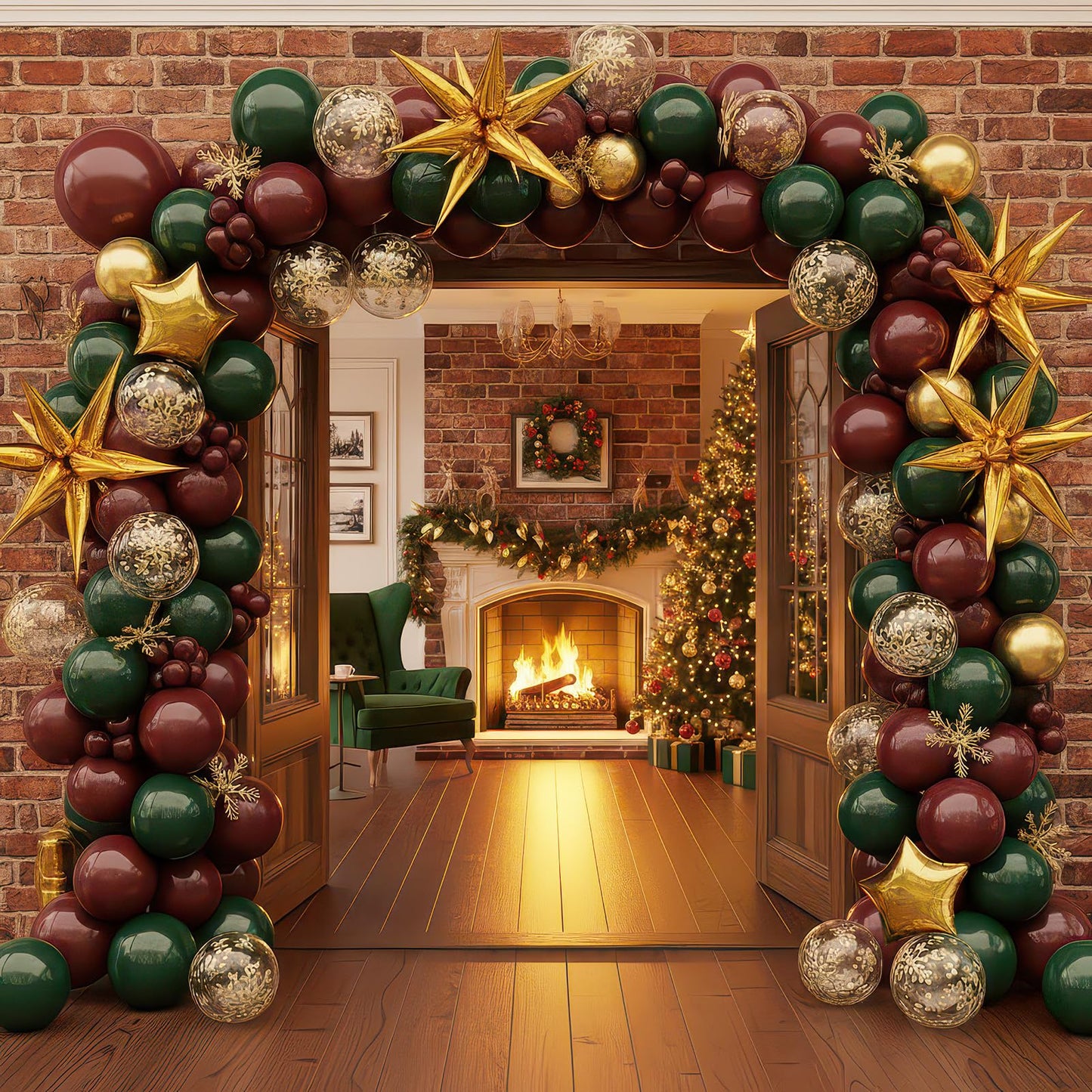 Winter Christmas Garland decorations with Maroon Hunter Green Gold confetti Balloon arch & Foil Star balloons & Artificial Snowflake Xmas Garland for wine red friendsmas new year party decorations