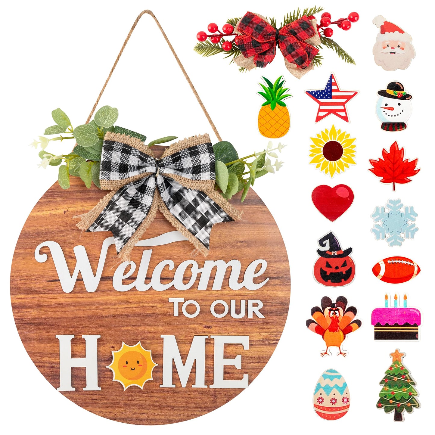 Interchangeable Seasonal Welcome Sign Front Door Decor, Rustic Round Wood Wreath Wall Hanging, Farmhouse Porch Indoor Outdoor for All Seasons Holiday Halloween Christmas