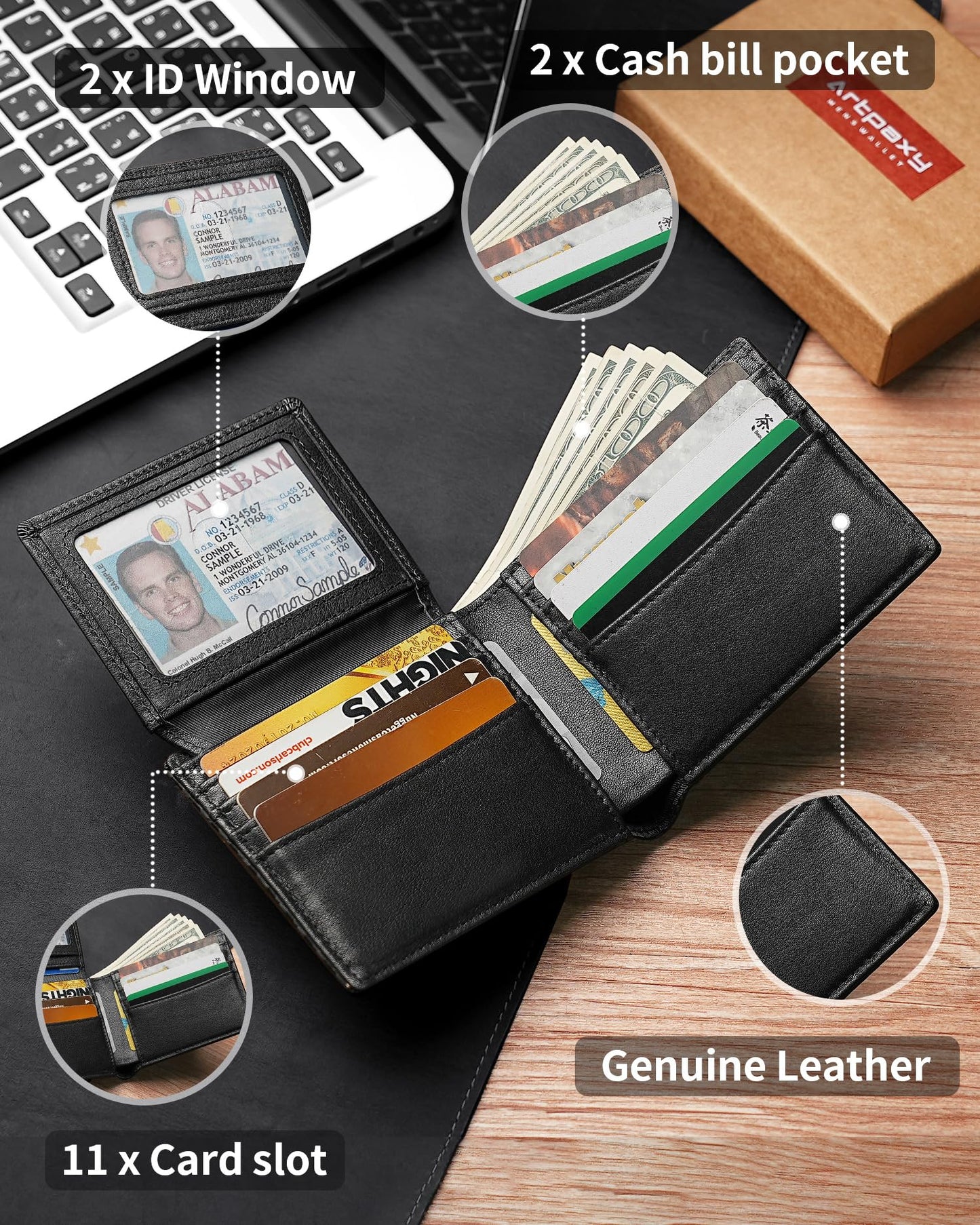 Plinvo Men's Genuine Leather Bifold Wallet RFID Blocking with 2 ID Windows 11 Card Slots 2 Cash Pockets & Gift Box (Black)