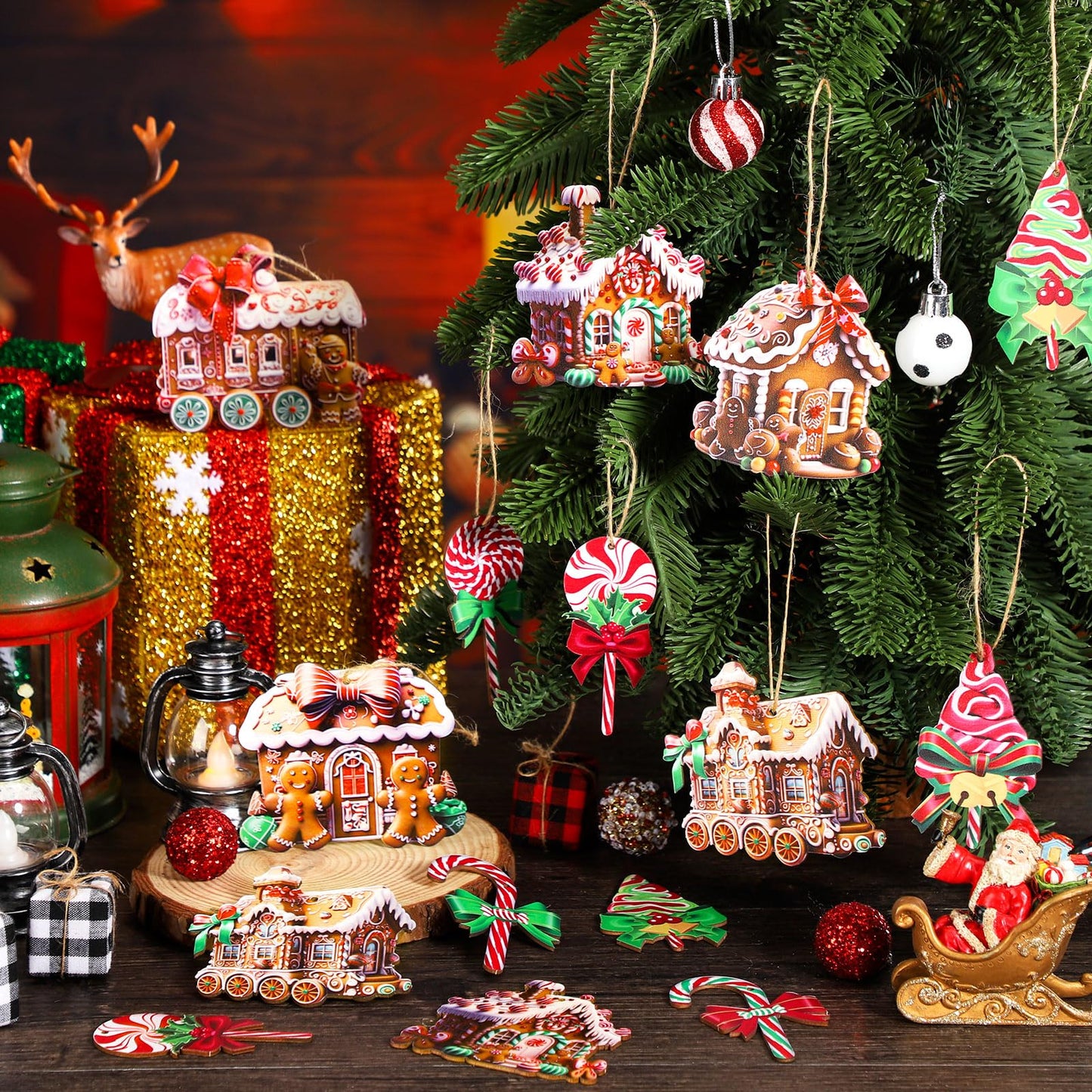 Roowest 36 Pcs Christmas Gingerbread House Ornament Set Wood Christmas Tree Ornaments Lollipop Flat Train Donut Cake Hanging Decorations Peppermint Ornaments for Xmas Tree Party Supplies