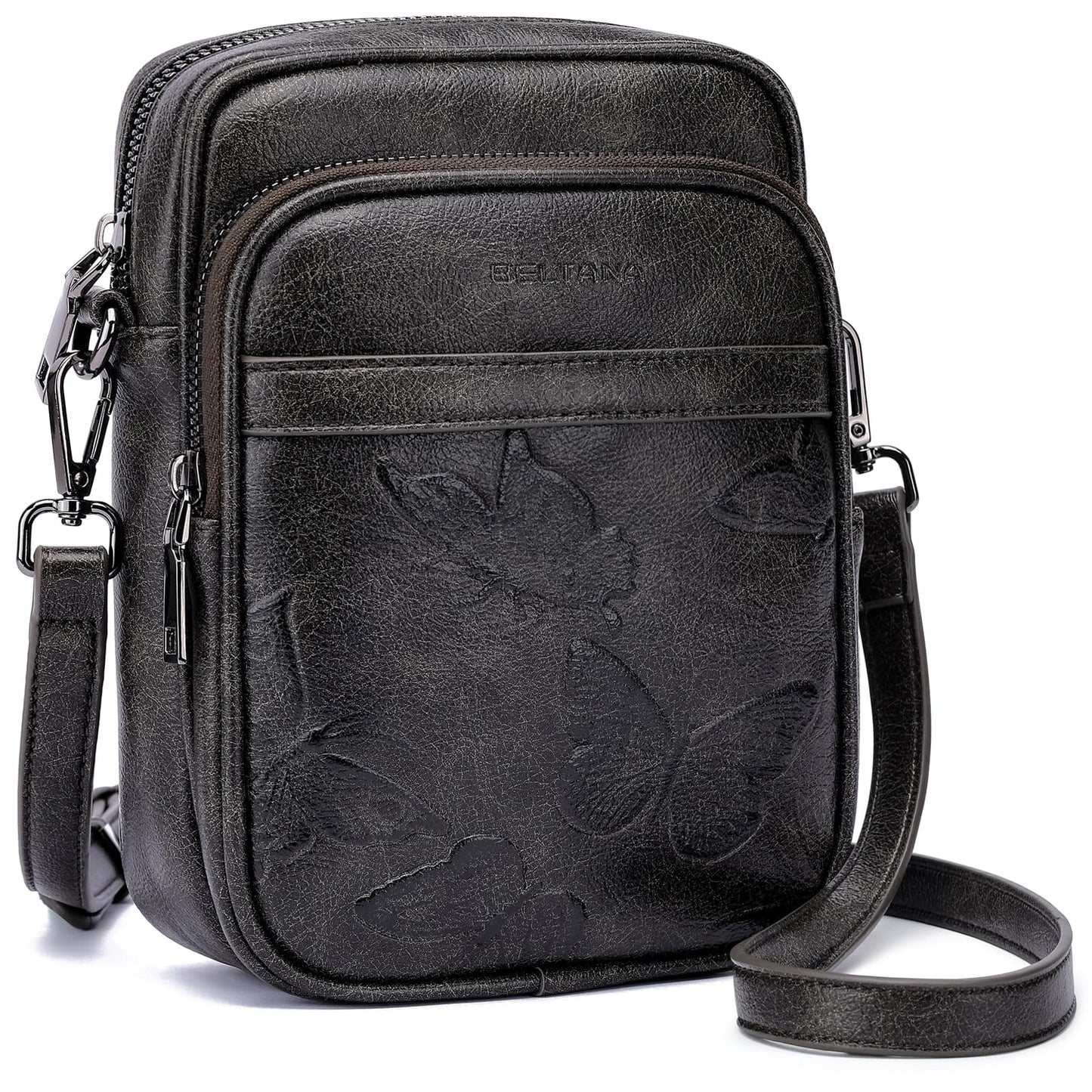 BELTANA Small Crossbody Bags for Women, Butterfly Vegan Leather Cell Phone Bag Trendy Wallet Purse with RFID Card Slots (Black Grey-Silver)