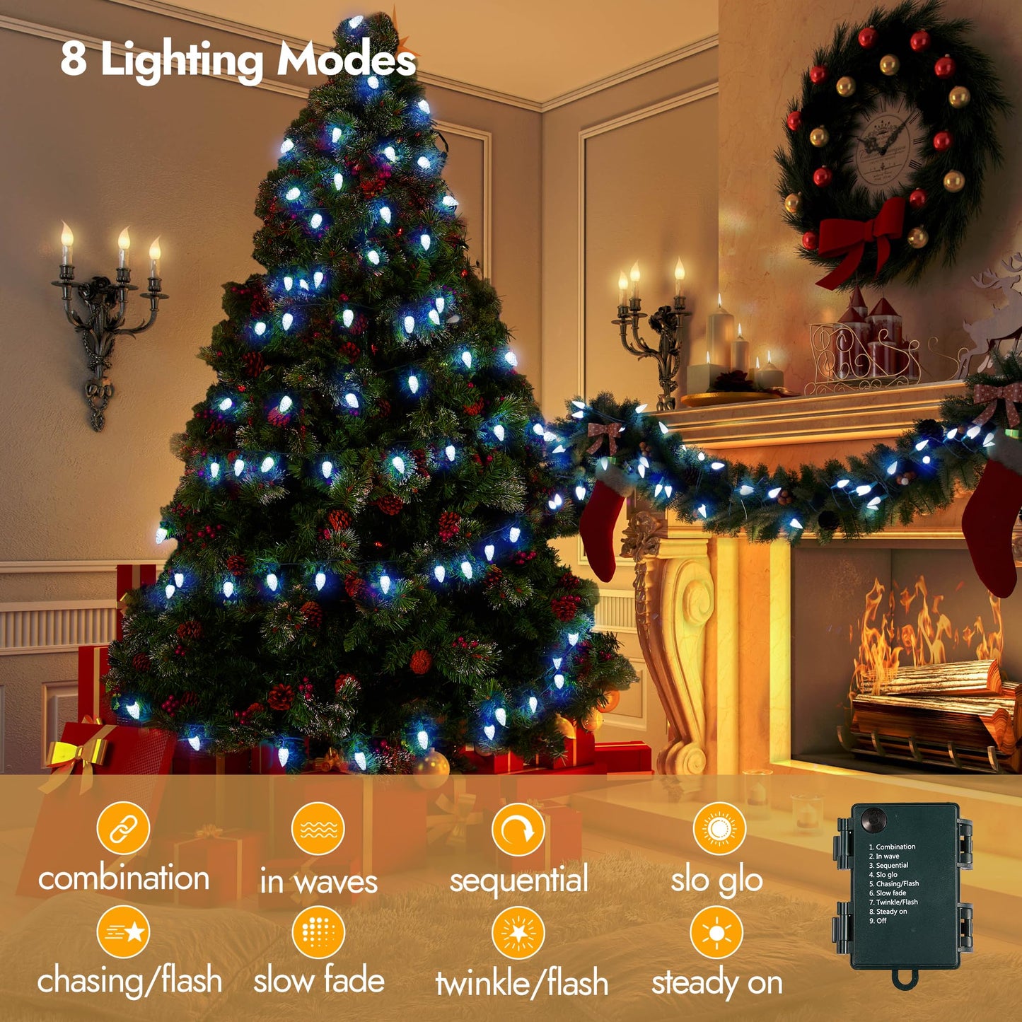 WBao Battery Operated Christmas Lights 100 LED 33ft, C6 String Lights with 8 Modes, Timer, Waterproof Design for Indoor Outdoor Christmas Trees, Fence, Stairs Xmas Decorations, Cool White