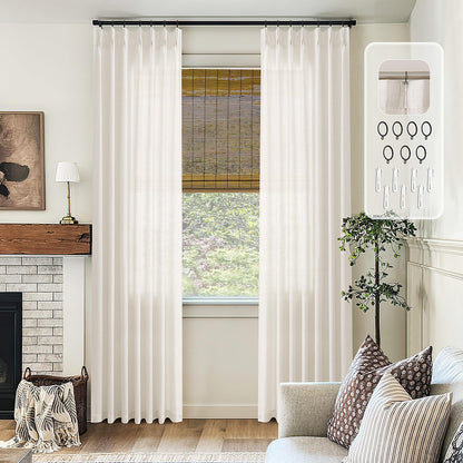 Pinch Pleated Linen Curtains 102 Inch long Memory Shape Training Pleat Drape with Hooks Rings Back Tab for Living Room Patio Glass Door Modern Neutral Cream Ivory Birch Semi Sheer 102 Inch Curtain
