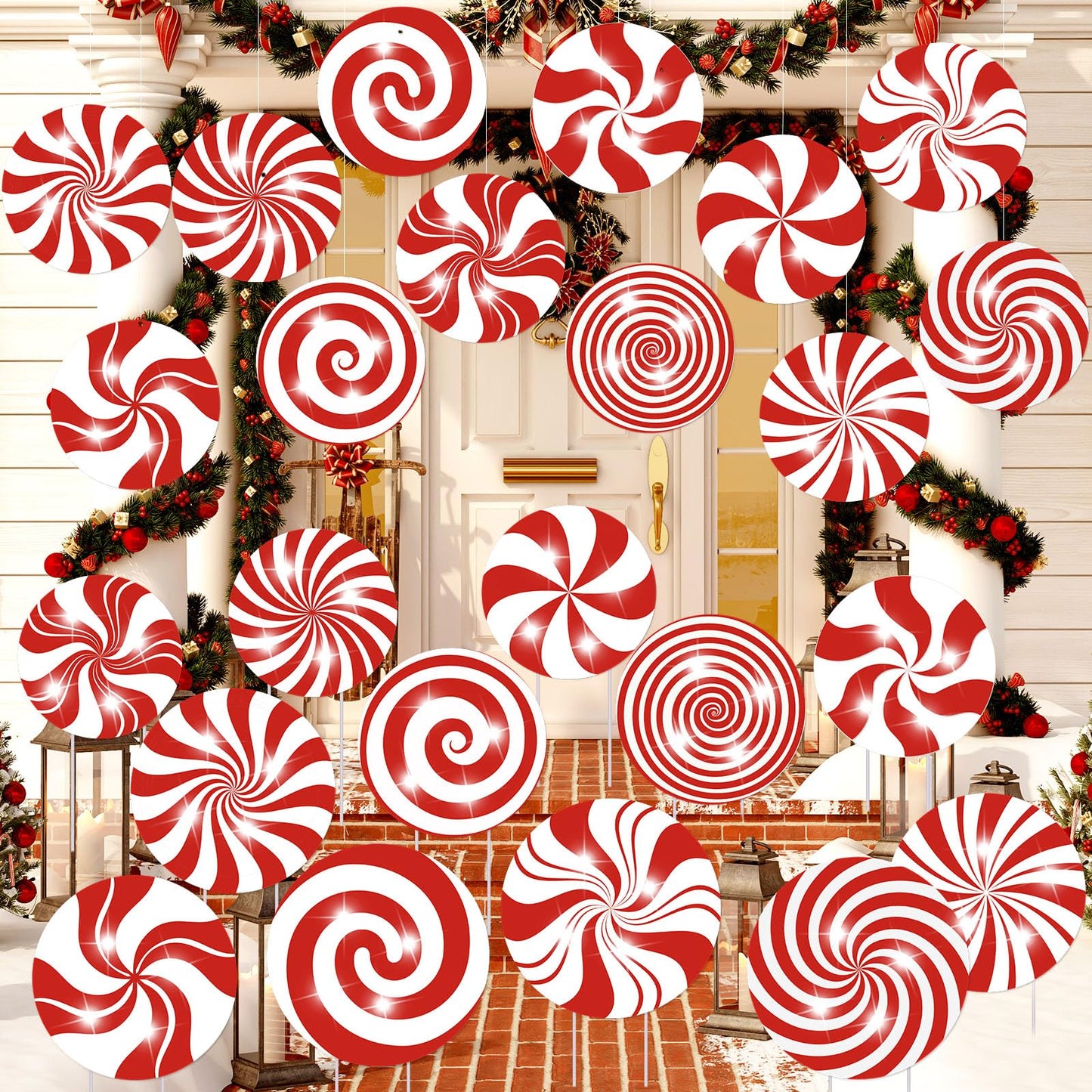Huwena 24 Pcs Christmas Outdoor Decorations Hanging Ornaments Peppermint Candy Yard Signs Double Sided Lawn Decorations Peppermint Ornaments for Xmas(Classic Style)