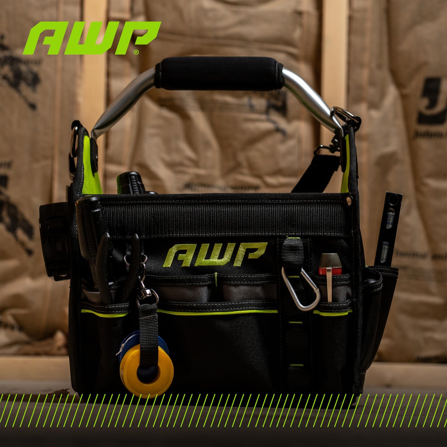 AWP 12 Inch Pro Tool Tote with Rotating Handle for Easy Tool Access, Water-Resistant Construction, Black