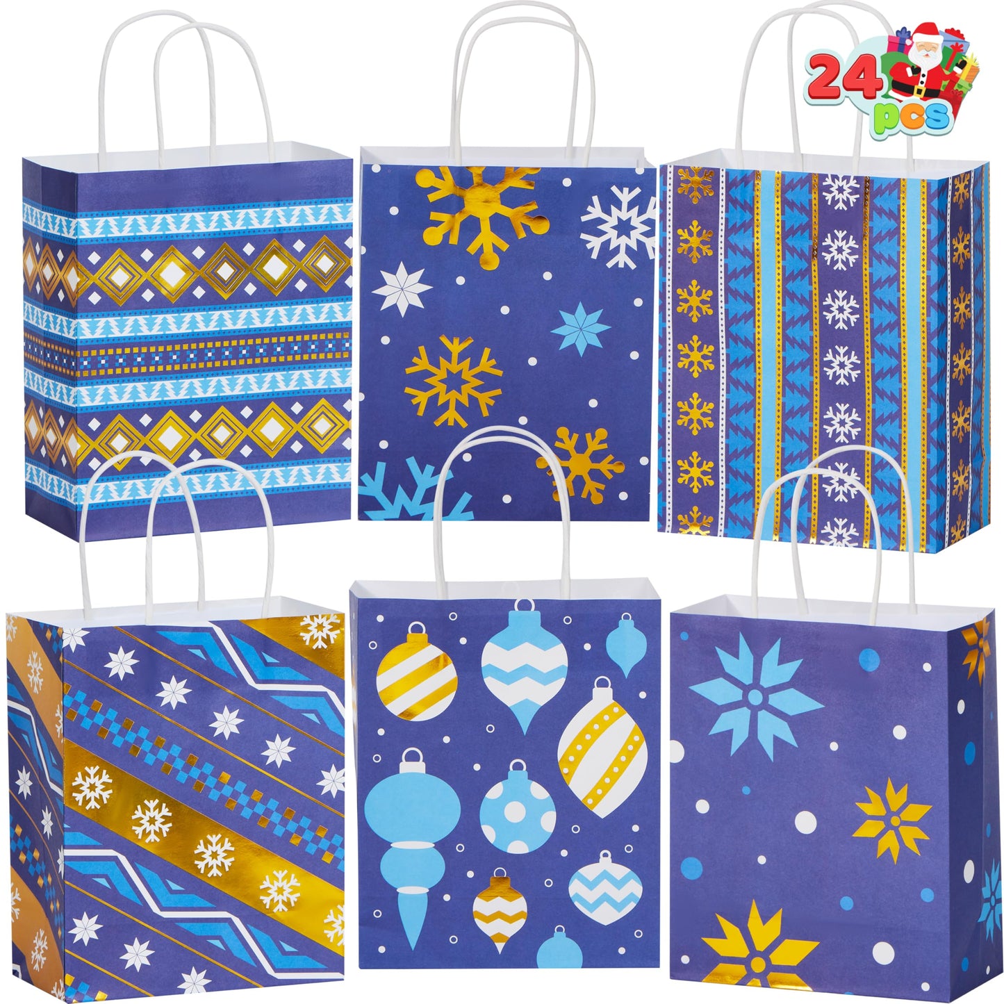 JOYIN 24 PCS Christmas Kraft Gift Bags Xmas Holiday Present Wrapping Paper Goody Bags with Handles for Classrooms and Wedding Decor, Party Favors and Decor Supplies (Blue, 9 x 7.3 x 3.3)