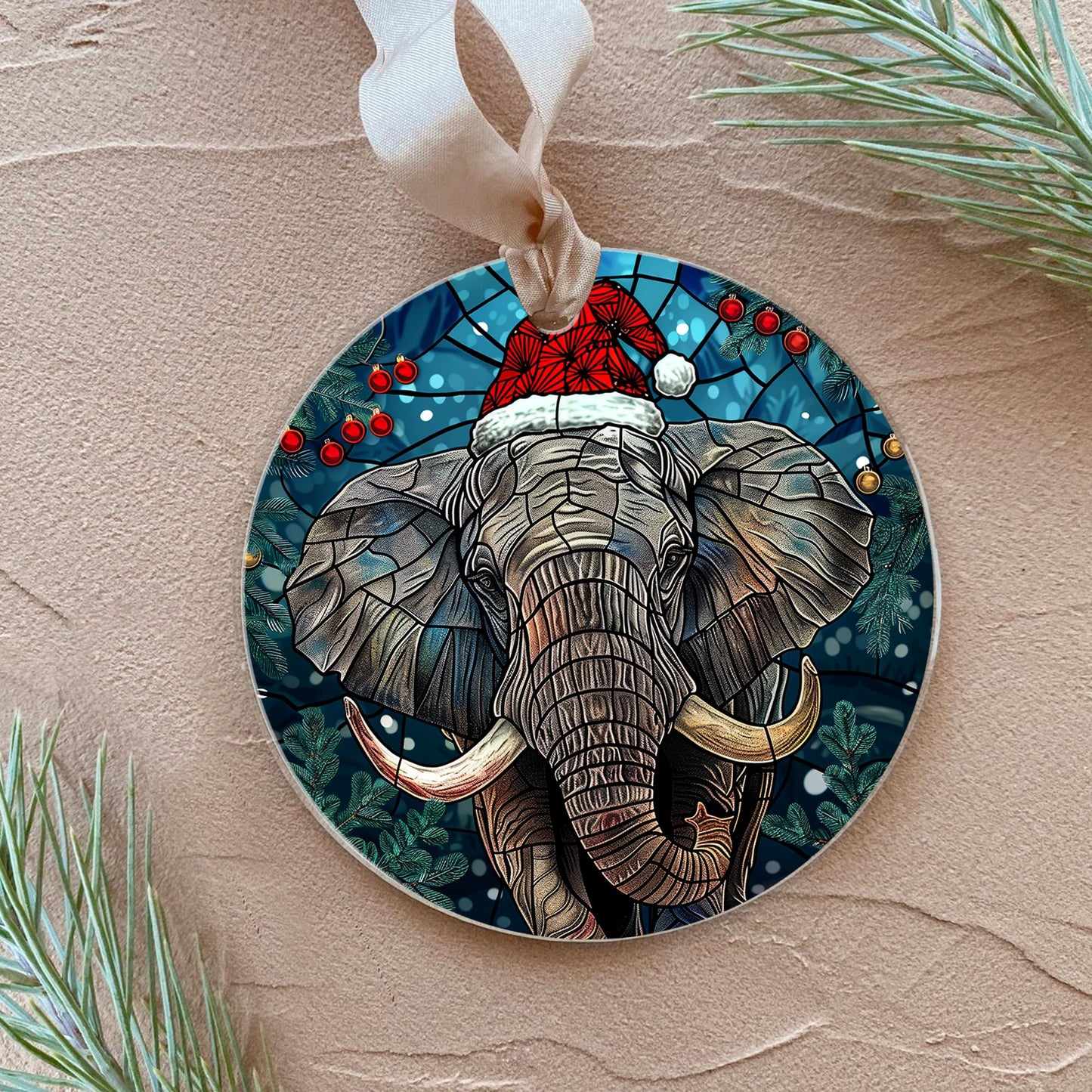 Fastpeace Elephant with Santa Hat Christmas Ornament - Stained Glass Style - Perfect Hanging Decoration for Tree - Gift for Family, Friends (Acrylic)