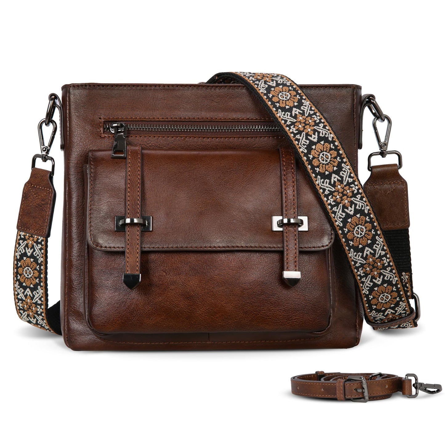 Iswee Soft Leather Crossbody Bags for Women Shoulder Handbags Multi Pocket Travel Purse with Adjustable Strap Medium Size (Coffee)