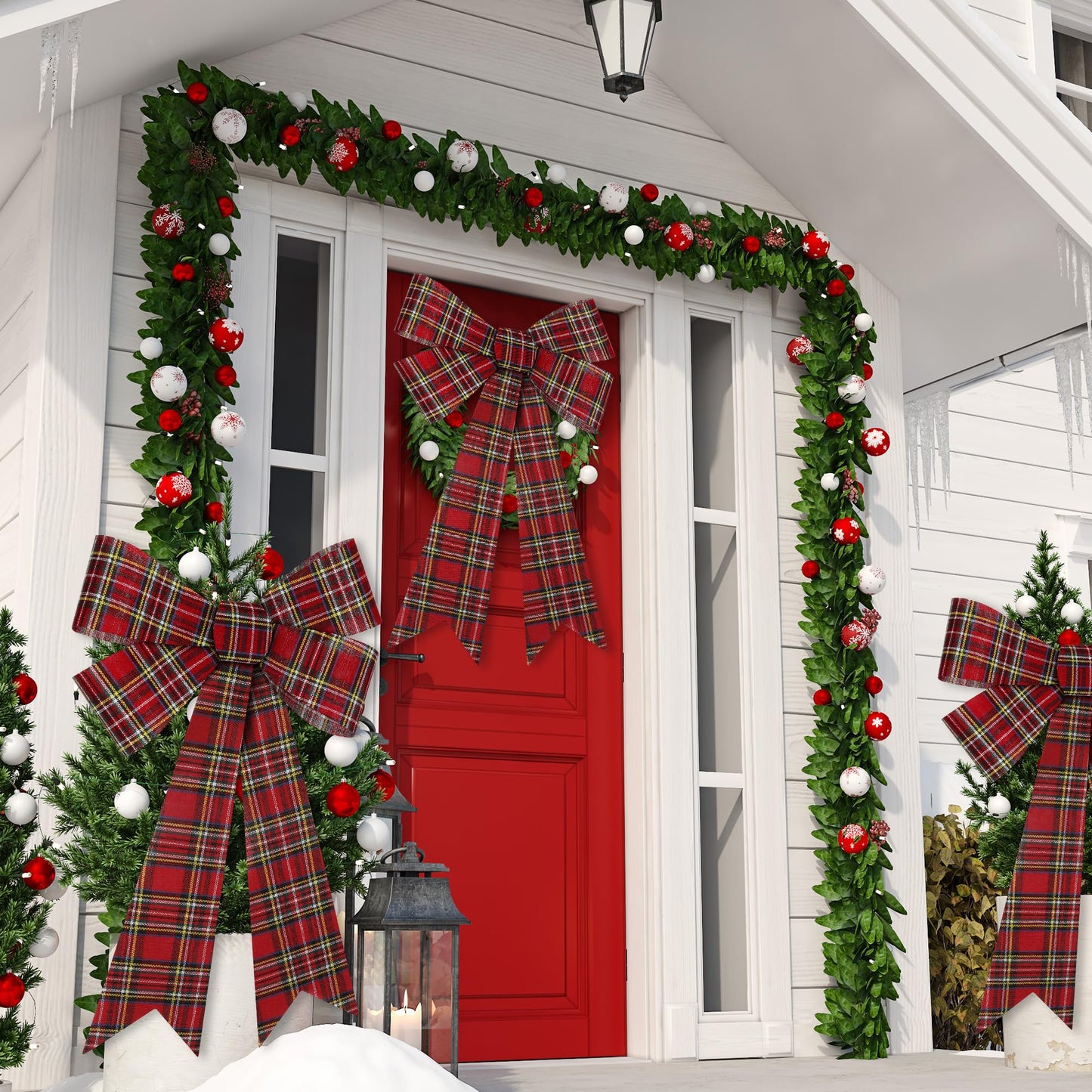 1 PCS Christmas Tree Bows, 9x12 In Large White Black Red Velvet Bows for Christmas Tree, Buffalo Plaid Plastic Big Christmas Bow for Xmas Decorations Wreath Stairs Railing Fireplace Front Door Decor