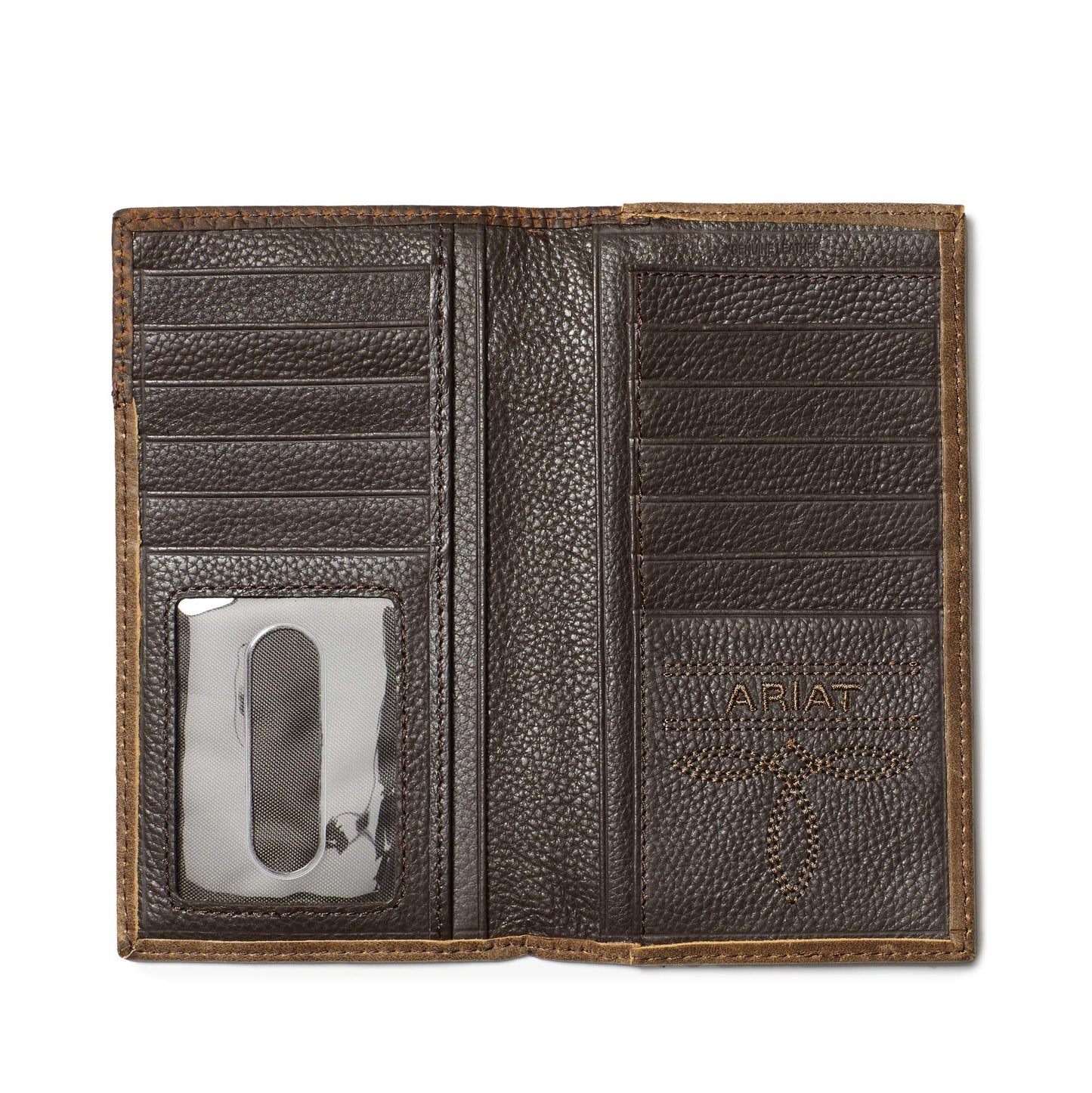 ARIAT Men’s Boot Stitch Overlay Rodeo Wallet, Distressed Top Grain Leather with Silver Shield Concho | Brown