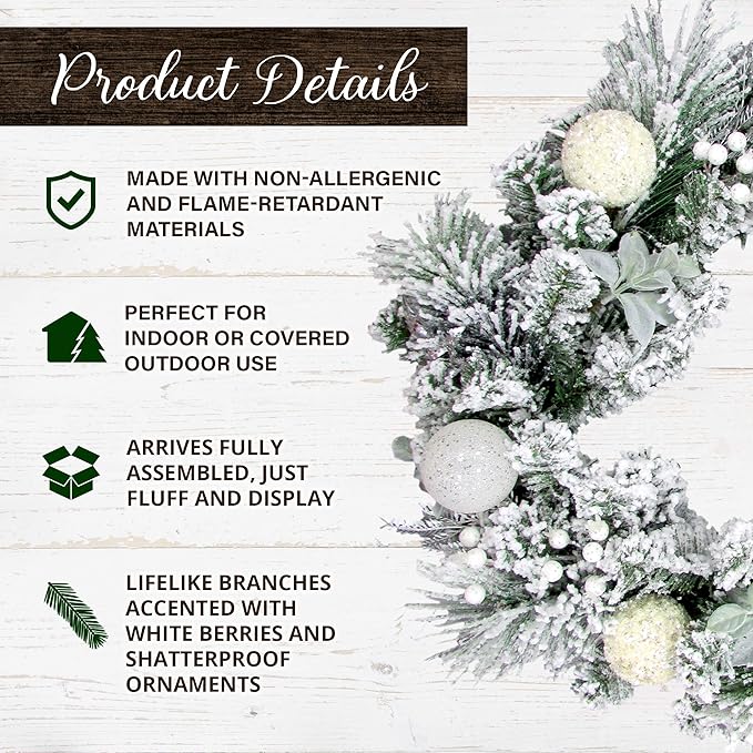 Fraser Hill Farm 24" Christmas Snow Covered Wreath Door Hanging with Glitter Ornaments, Leaves, and Berries, Artificial Holiday Hanging Decoration for Door, Wall, Mantel