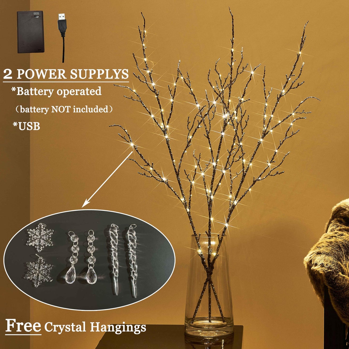 LITBLOOM Lighted Willow Branches Silver Glittered 32IN 120 LED with Timer Battery Operated and USB Plug in, Tree Branch with Fairy Lights for Home Room Christmas Decoration