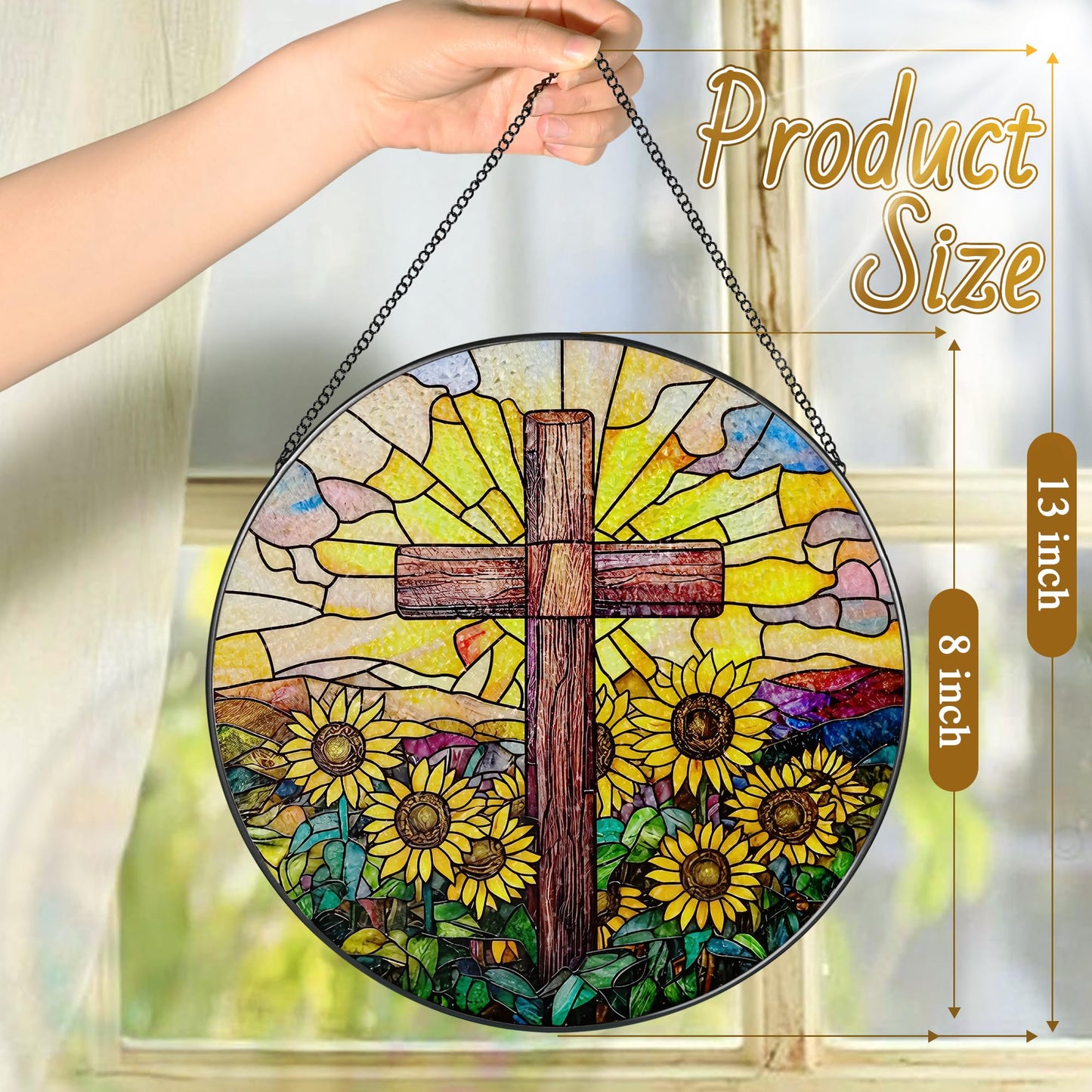 Stained Glass Suncatcher, Sunflower & Cross Sun Catcher Ornament; Stained Glass Window Hanging, Christmas Ornament, Christian Home Decor; Baptism Gift, Christian Gifts, Religious Gifts