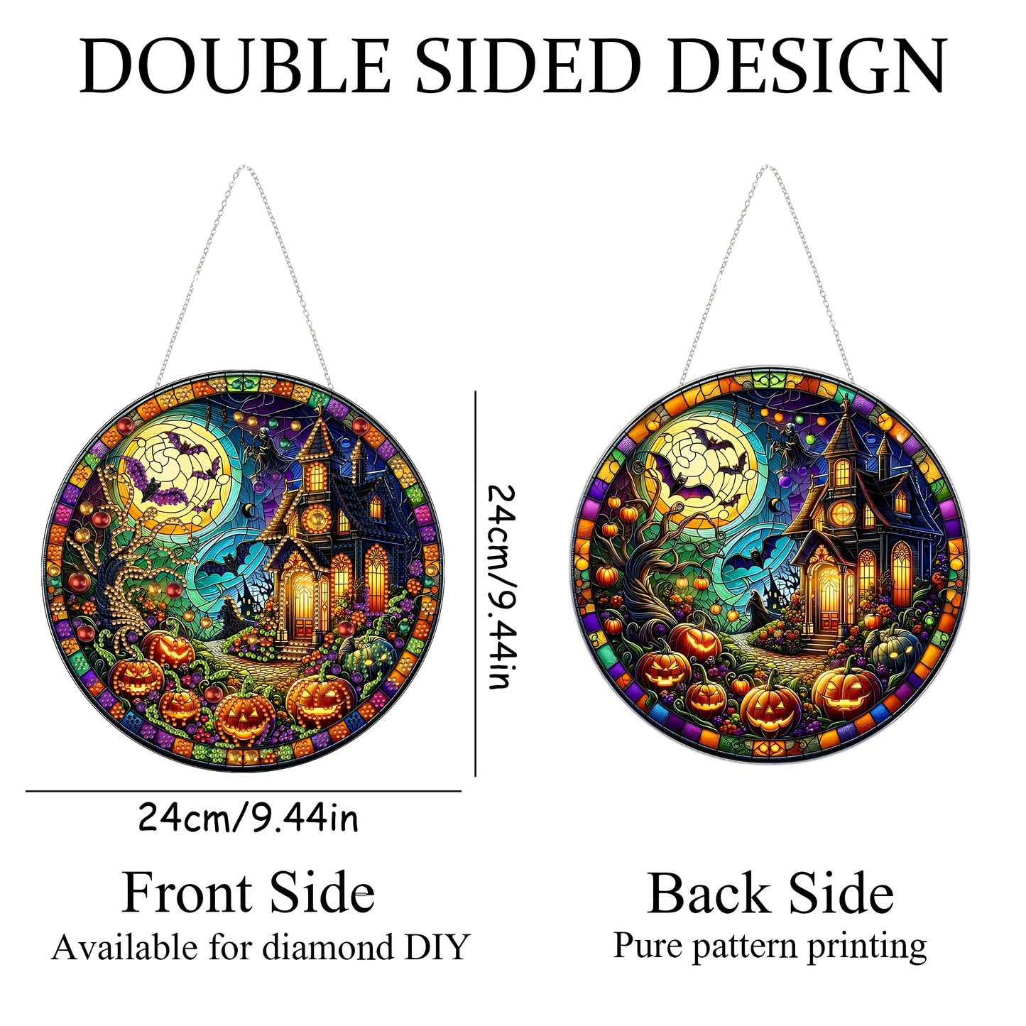 DIY Diamond Art Painting Wreath Kits，Special Shaped Rhinestone Hanging Ornament Diamond Art Window Pendants for Gift Home Garden Wall Hanging Kits,Double Sided (Haunted House)
